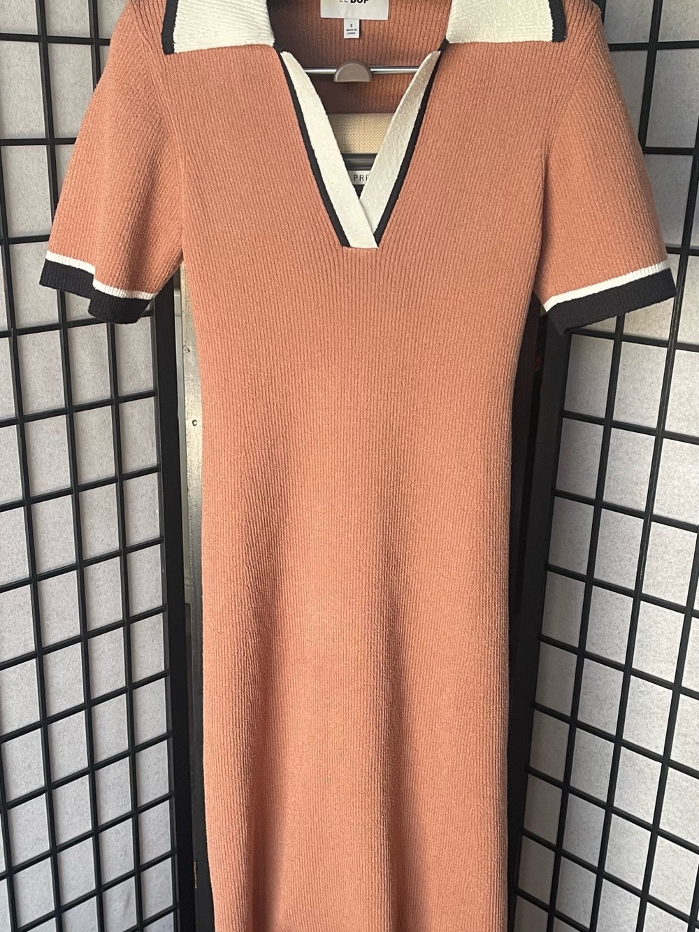 Rowen Peach Knit Polo Midi Dress with Cream and Black Trim